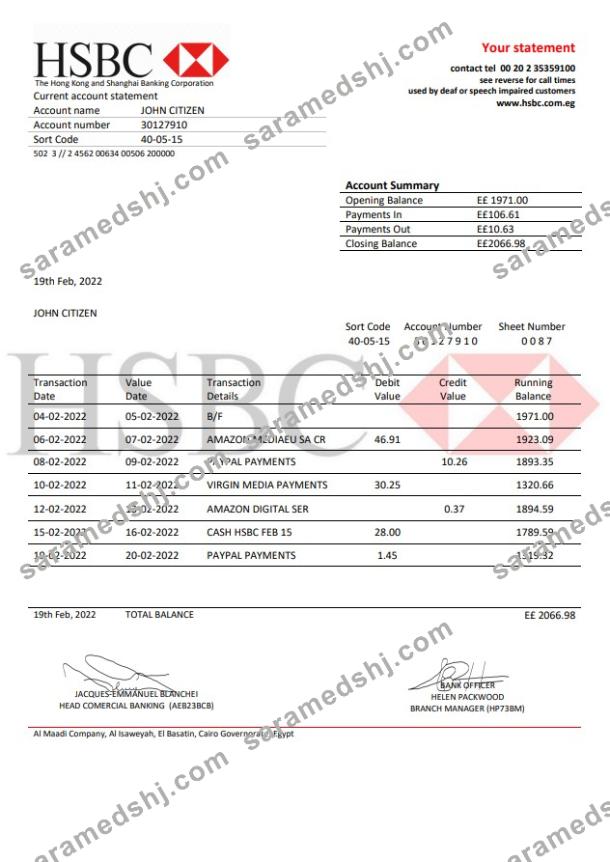 Egypt HSBC bank proof of address statement